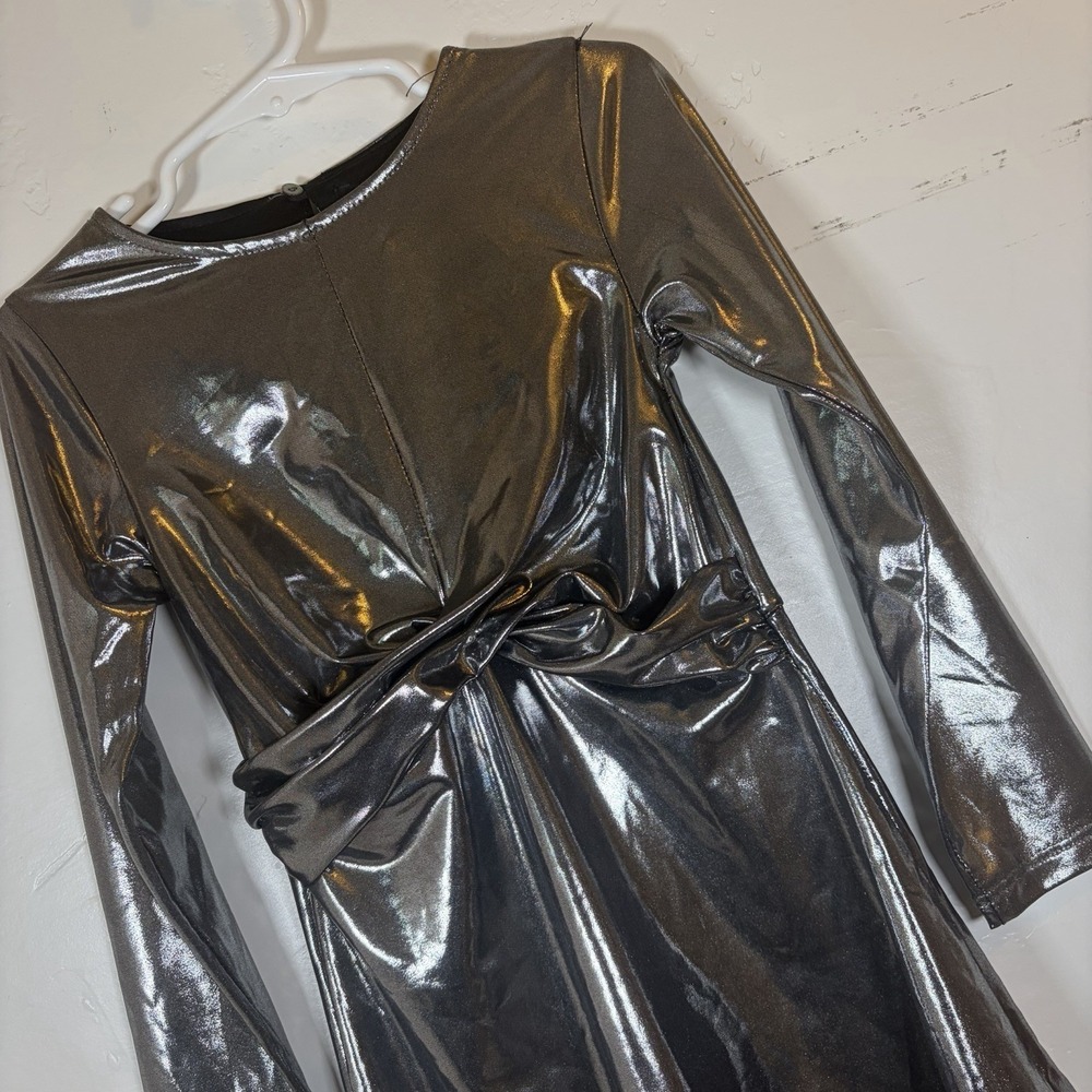 Zara Shiny Silver Knot-Waist Long-Sleeve Formal Dress